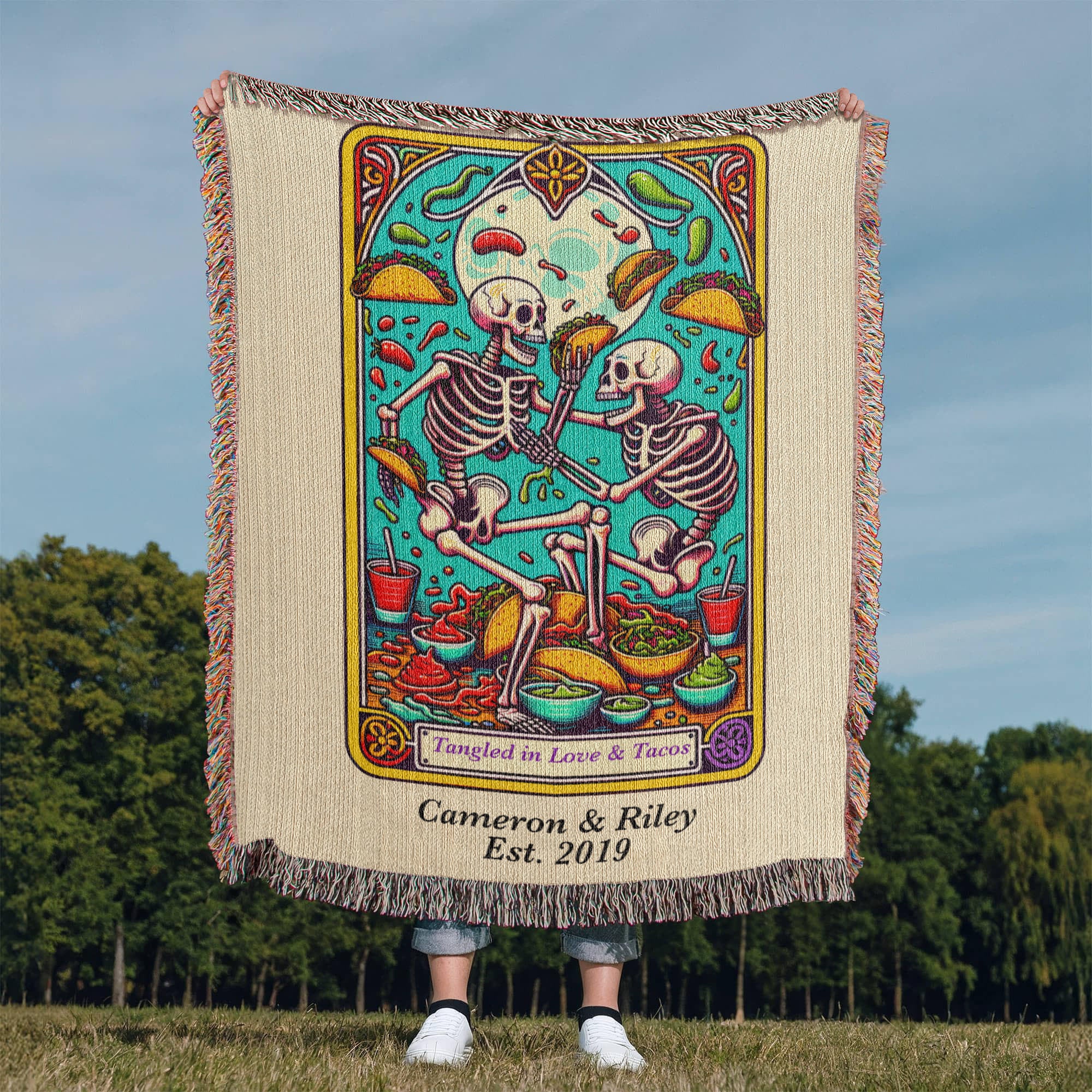 Personalized Love and Tacos Tarot Card Woven Blanket – Custom Couple Gift, Fleece/Sherpa Throw