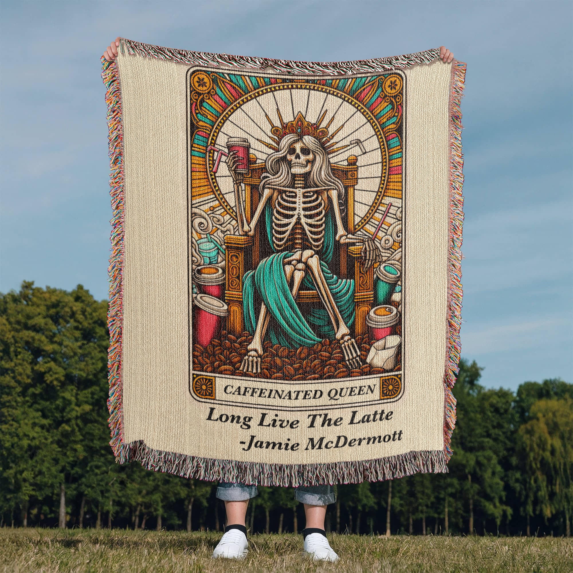 Personalized Caffeinated Queen Tarot Card Woven Blanket – Custom Gift, Fleece/Sherpa Throw