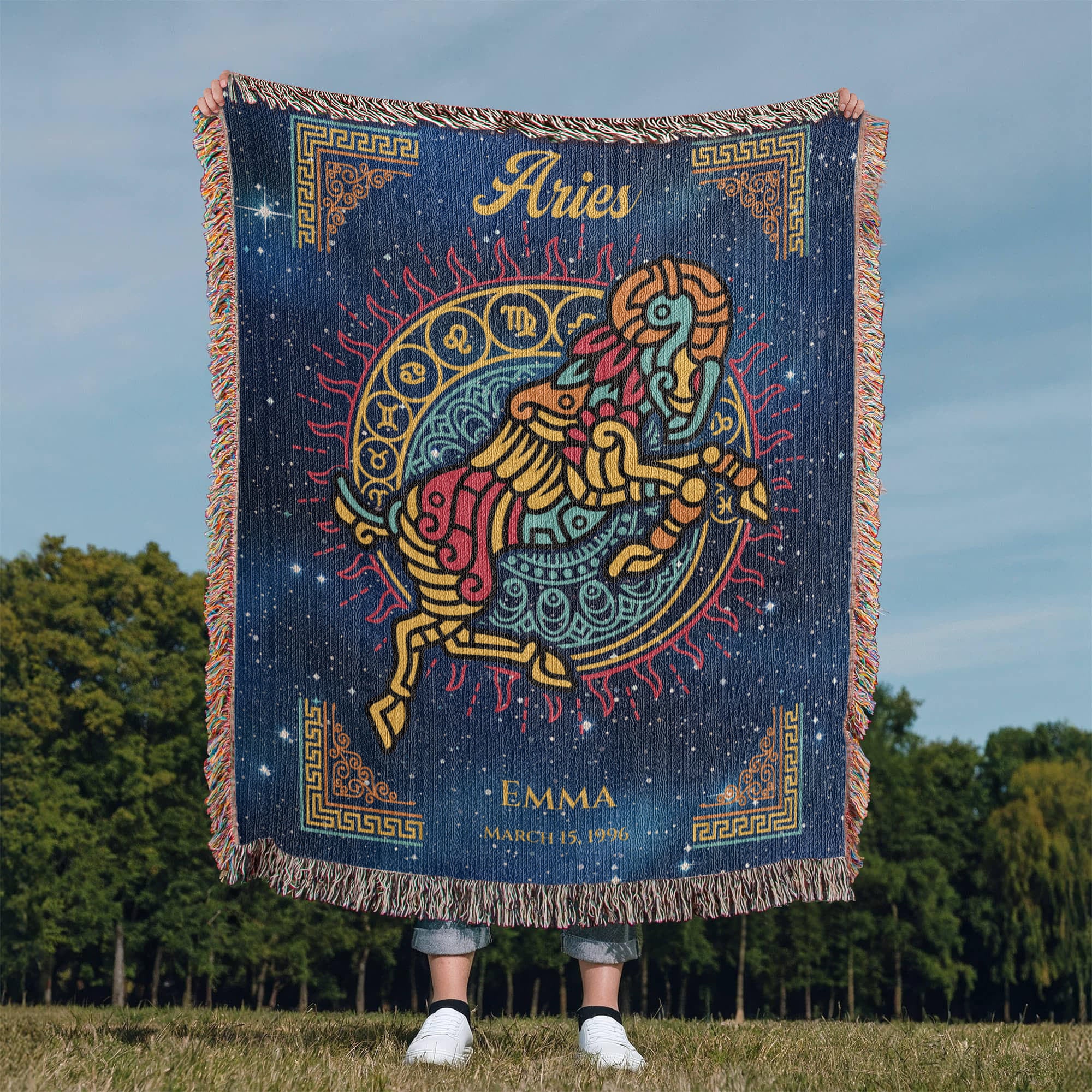 Personalized Aries Zodiac Woven Blanket – Astrology Gift, Custom Fleece/Sherpa Throw