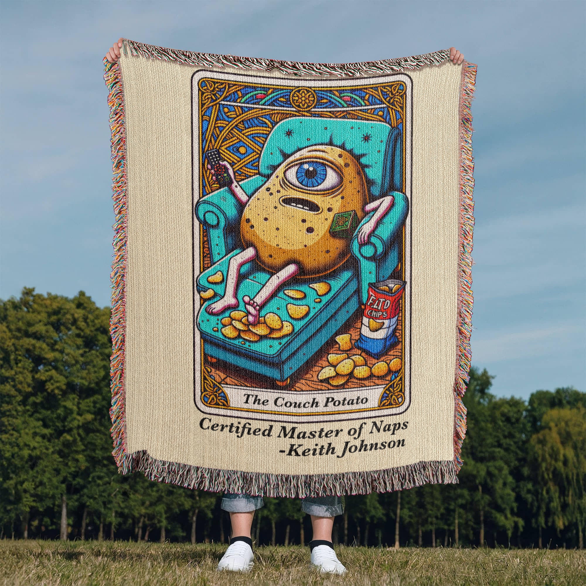 Personalized Couch Potato Tarot Card Woven Blanket – Custom Lazy Day Gift, Fleece/Sherpa Throw