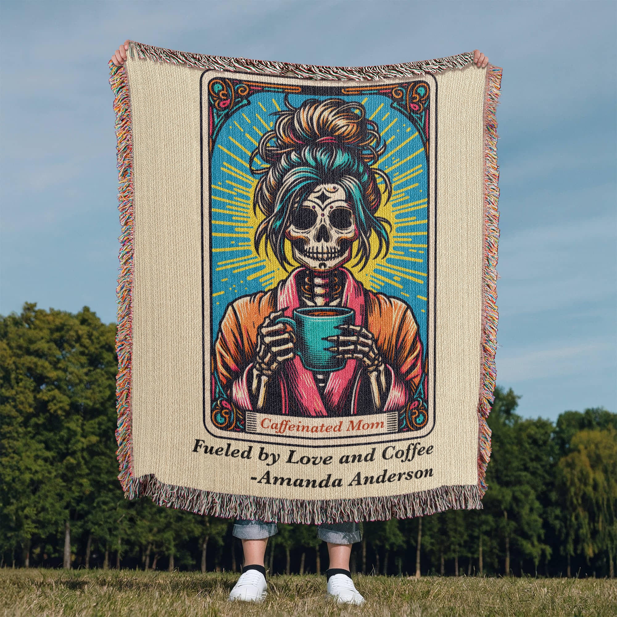 Personalized Caffeinated Mom Tarot Card Woven Blanket – Custom Skeleton Gift, Fleece/Sherpa Throw