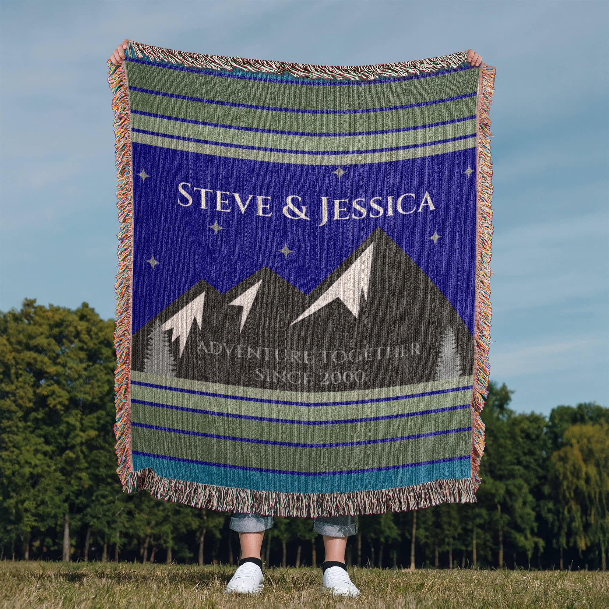 Personalized Mountain Adventure Woven Blanket – Custom Couples Camping Gift, Fleece/Sherpa Throw