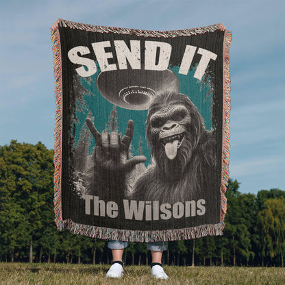 Personalized Bigfoot “Send It” Woven Blanket Custom Funny Gift Throw