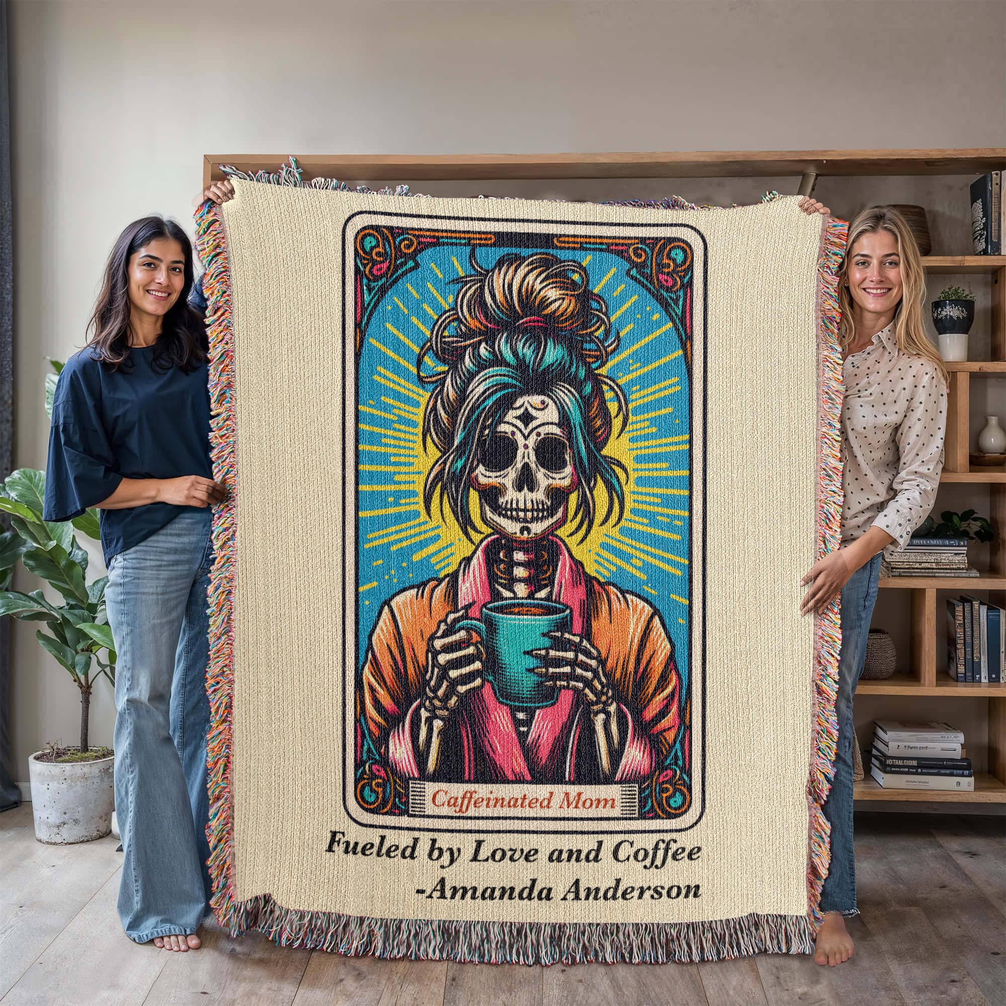 Personalized Caffeinated Mom Tarot Card Woven Blanket – Custom Skeleton Gift, Fleece/Sherpa Throw