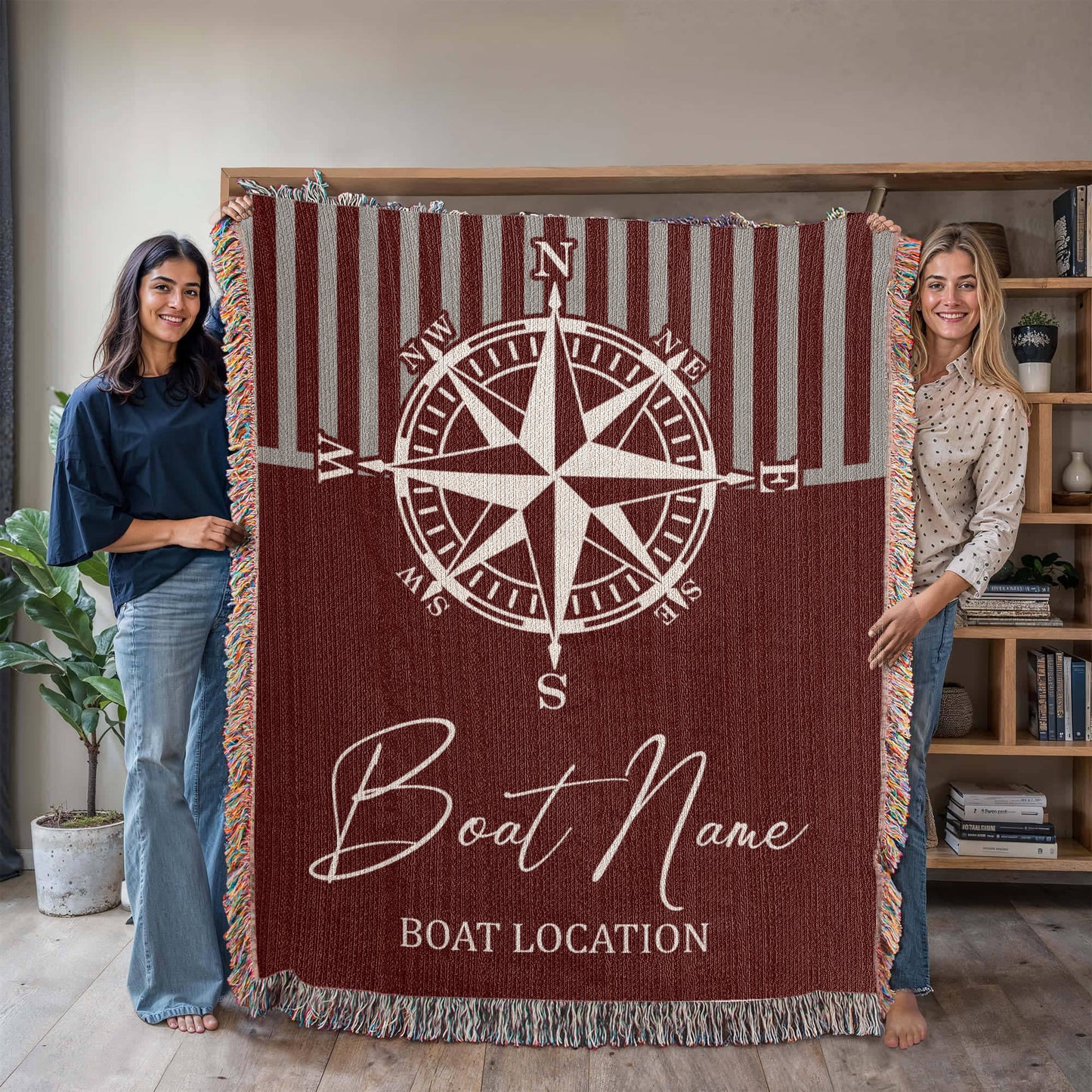 Personalized Nautical Compass Woven Blanket Custom Boat Name and Location Throw