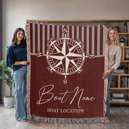 Personalized Nautical Compass Woven Blanket Custom Boat Name and Location Throw