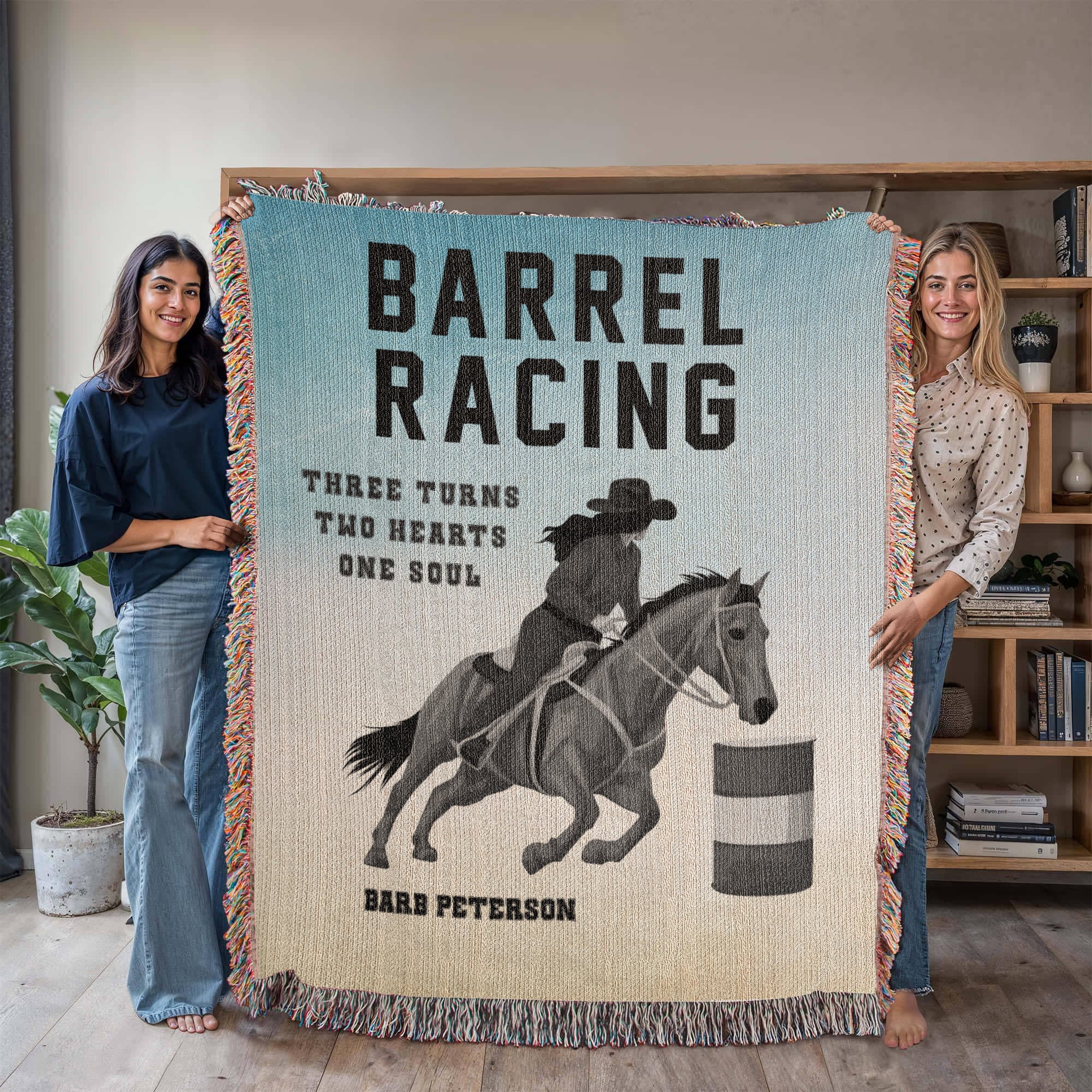 Personalized Barrel Racing Woven Blanket – Cowgirl Gift, Custom Fleece/Sherpa Throw