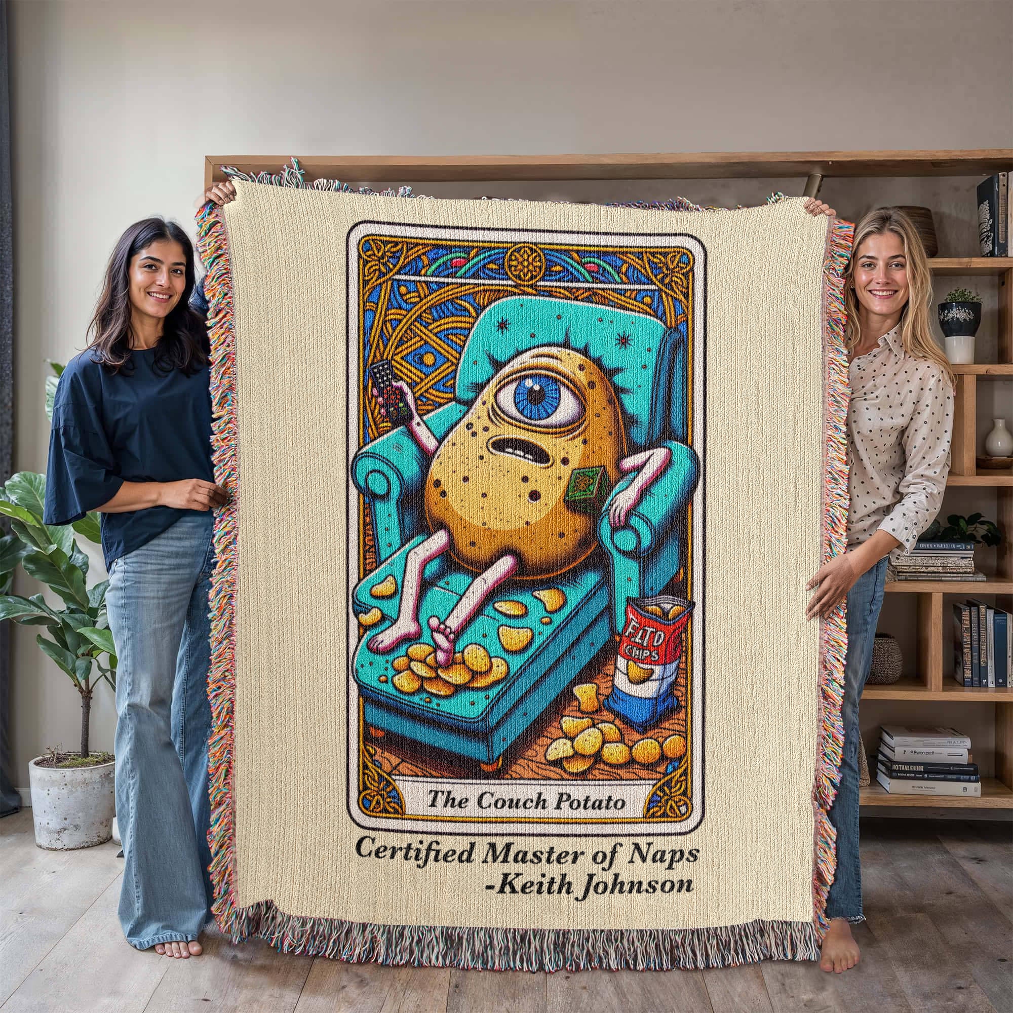 Personalized Couch Potato Tarot Card Woven Blanket – Custom Lazy Day Gift, Fleece/Sherpa Throw