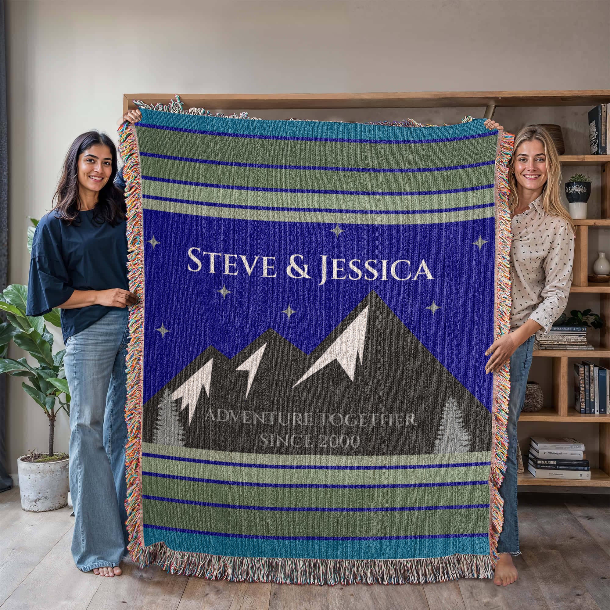 Personalized Mountain Adventure Woven Blanket – Custom Couples Camping Gift, Fleece/Sherpa Throw