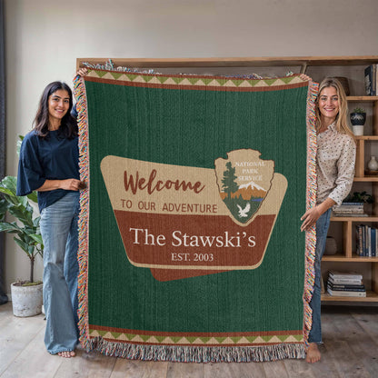 Personalized National Park Camping Woven Blanket Custom Family Adventure Throw