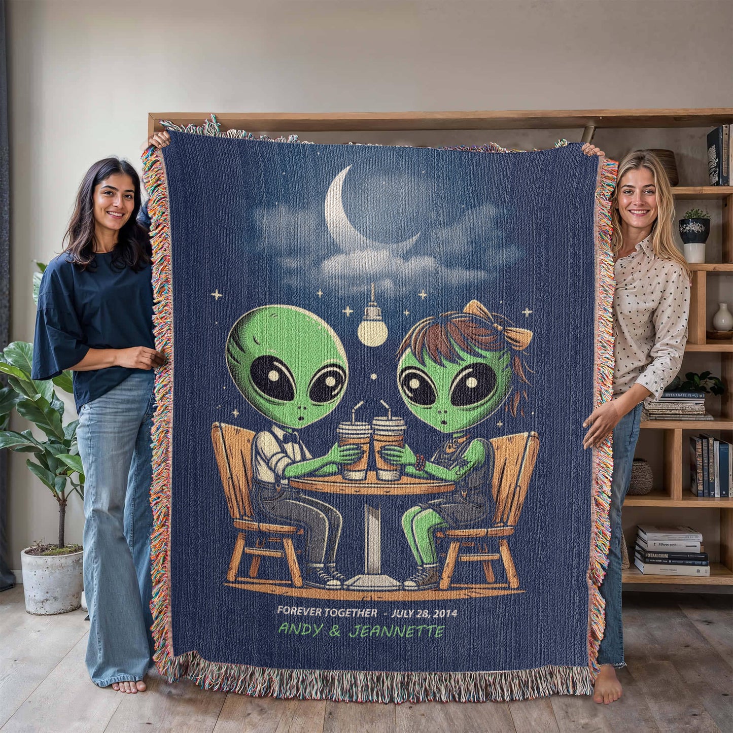 Personalized Alien Couple Coffee Shop Woven Blanket Custom Romantic Gift Throw