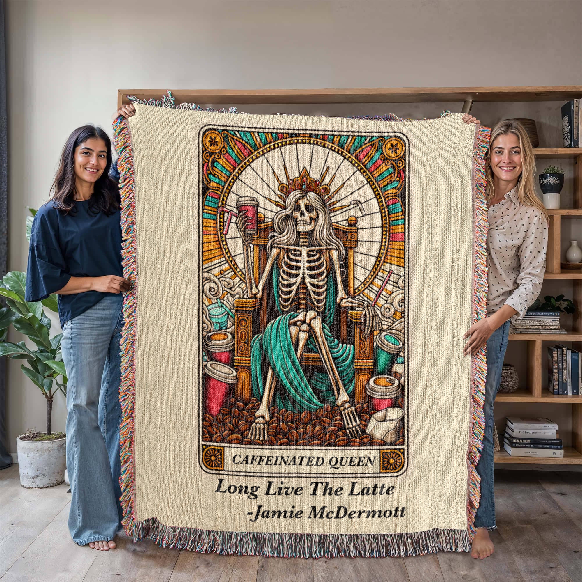 Personalized Caffeinated Queen Tarot Card Woven Blanket – Custom Gift, Fleece/Sherpa Throw