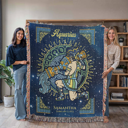 Personalized Aquarius Zodiac Woven Blanket Astrology Gift Custom Throw
