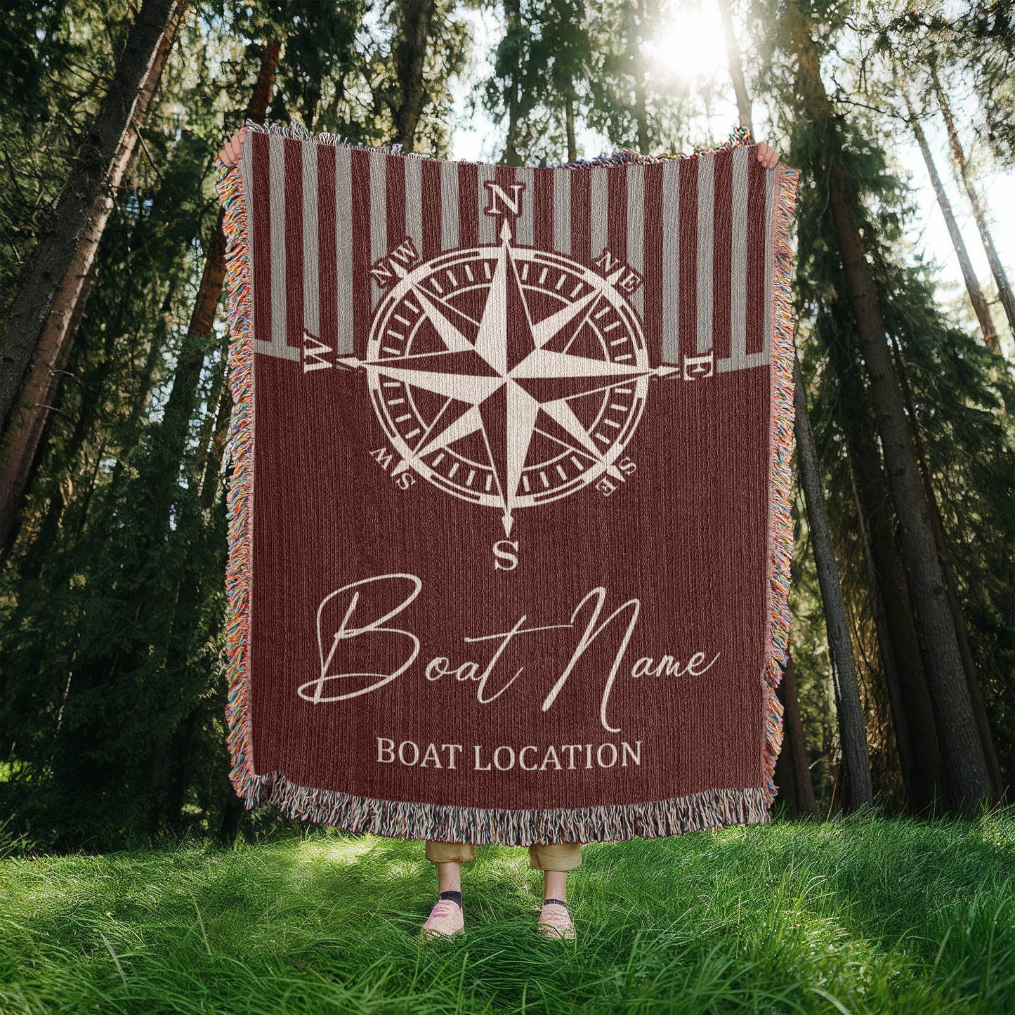 Personalized Nautical Compass Woven Blanket Custom Boat Name and Location Throw