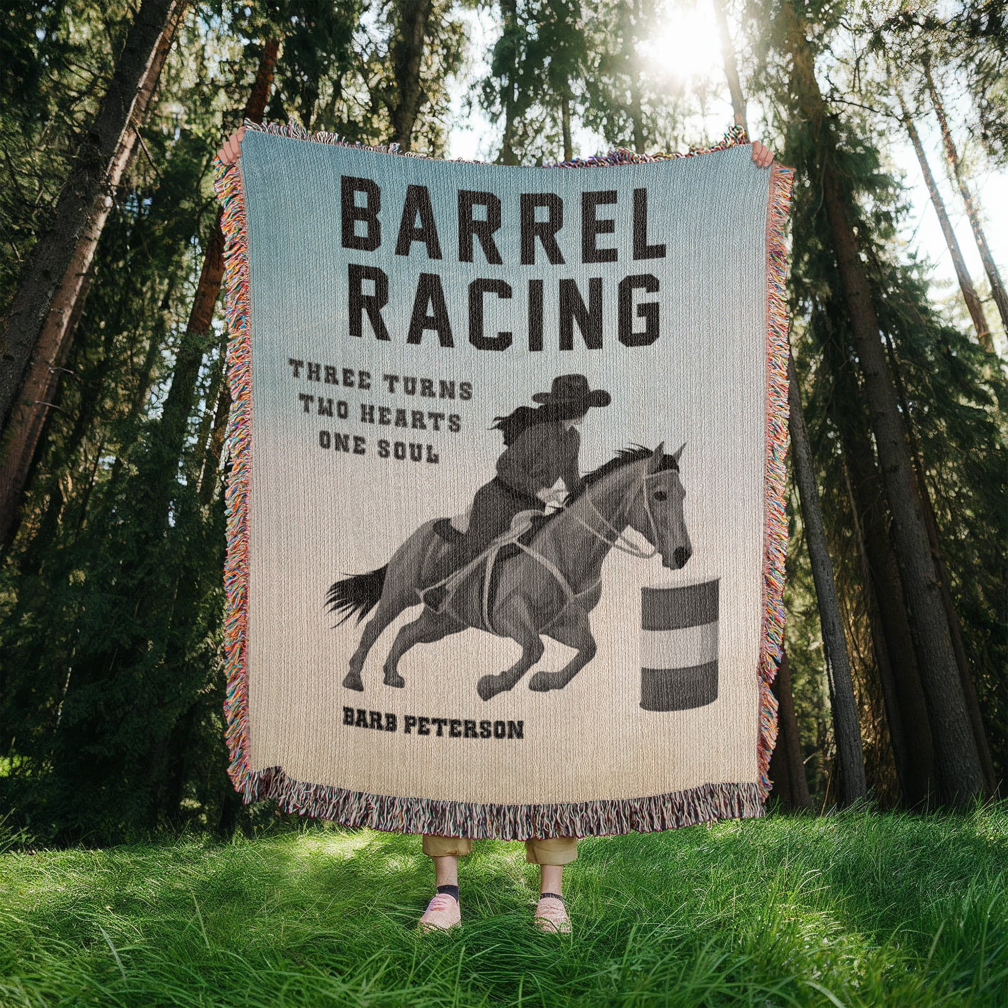 Personalized Barrel Racing Woven Blanket – Cowgirl Gift, Custom Fleece/Sherpa Throw