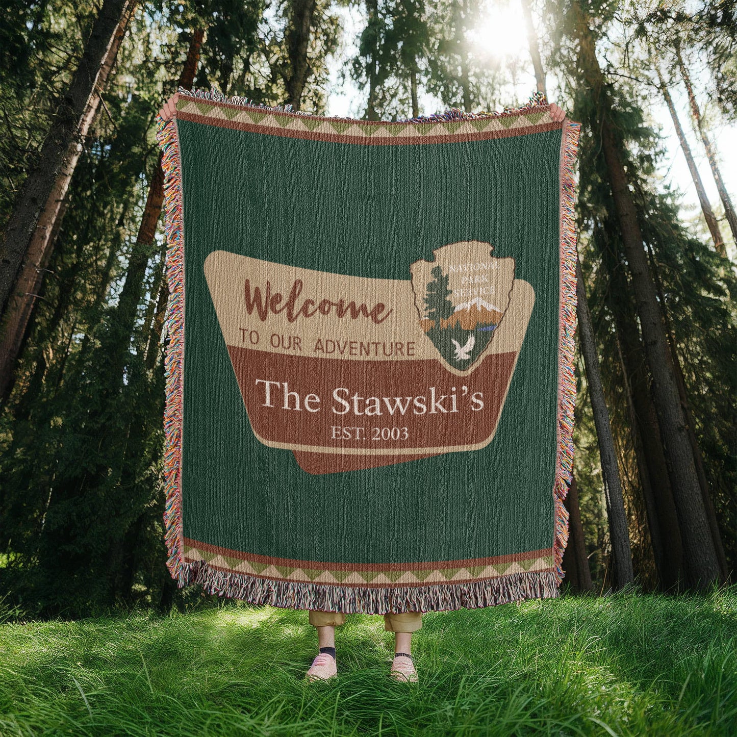 Personalized National Park Camping Woven Blanket Custom Family Adventure Throw