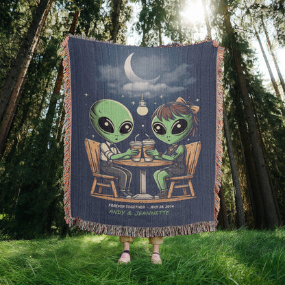 Personalized Alien Couple Coffee Shop Woven Blanket Custom Romantic Gift Throw