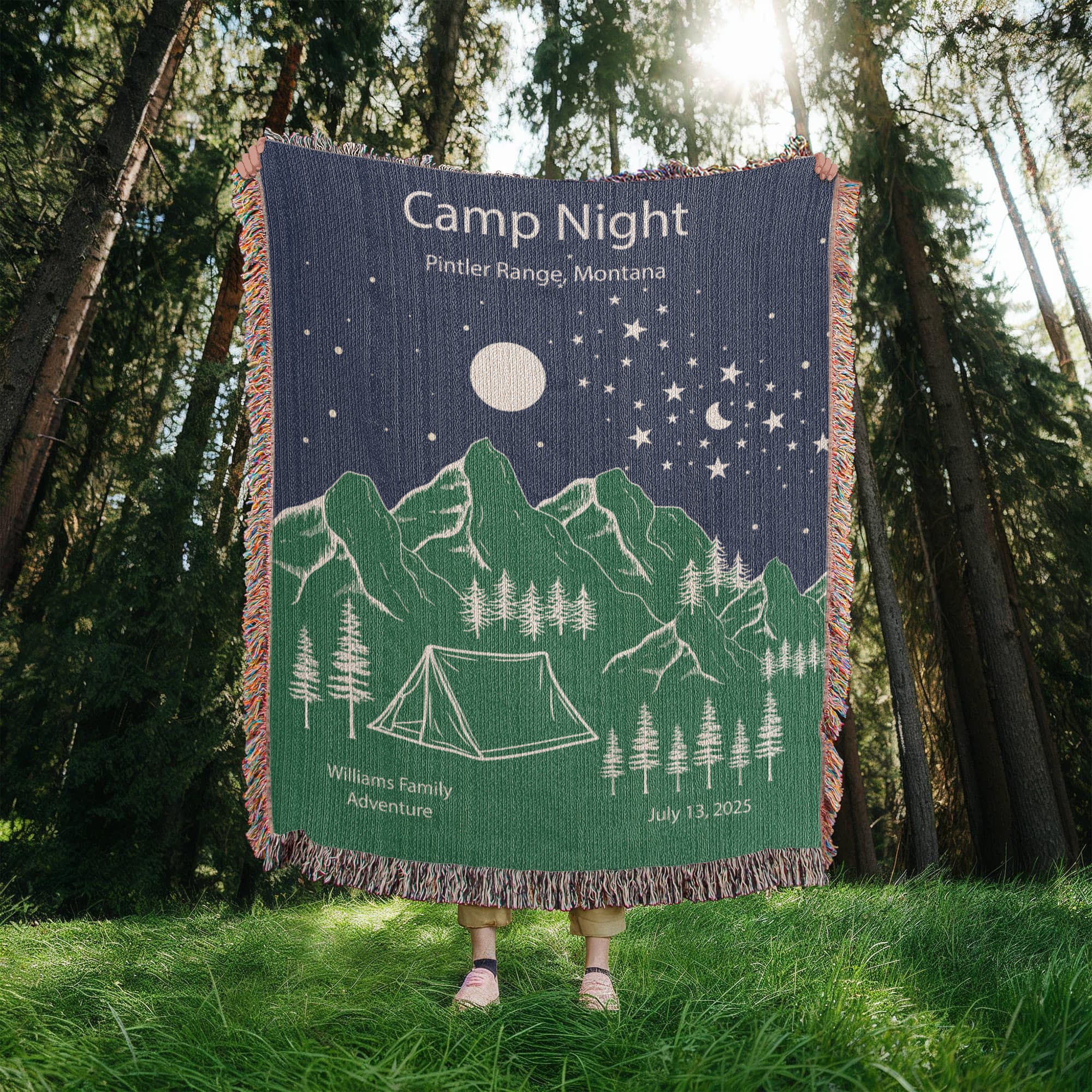 Personalized Camp Night Woven Blanket – Custom Tent Camping Gift, Fleece/Sherpa Throw