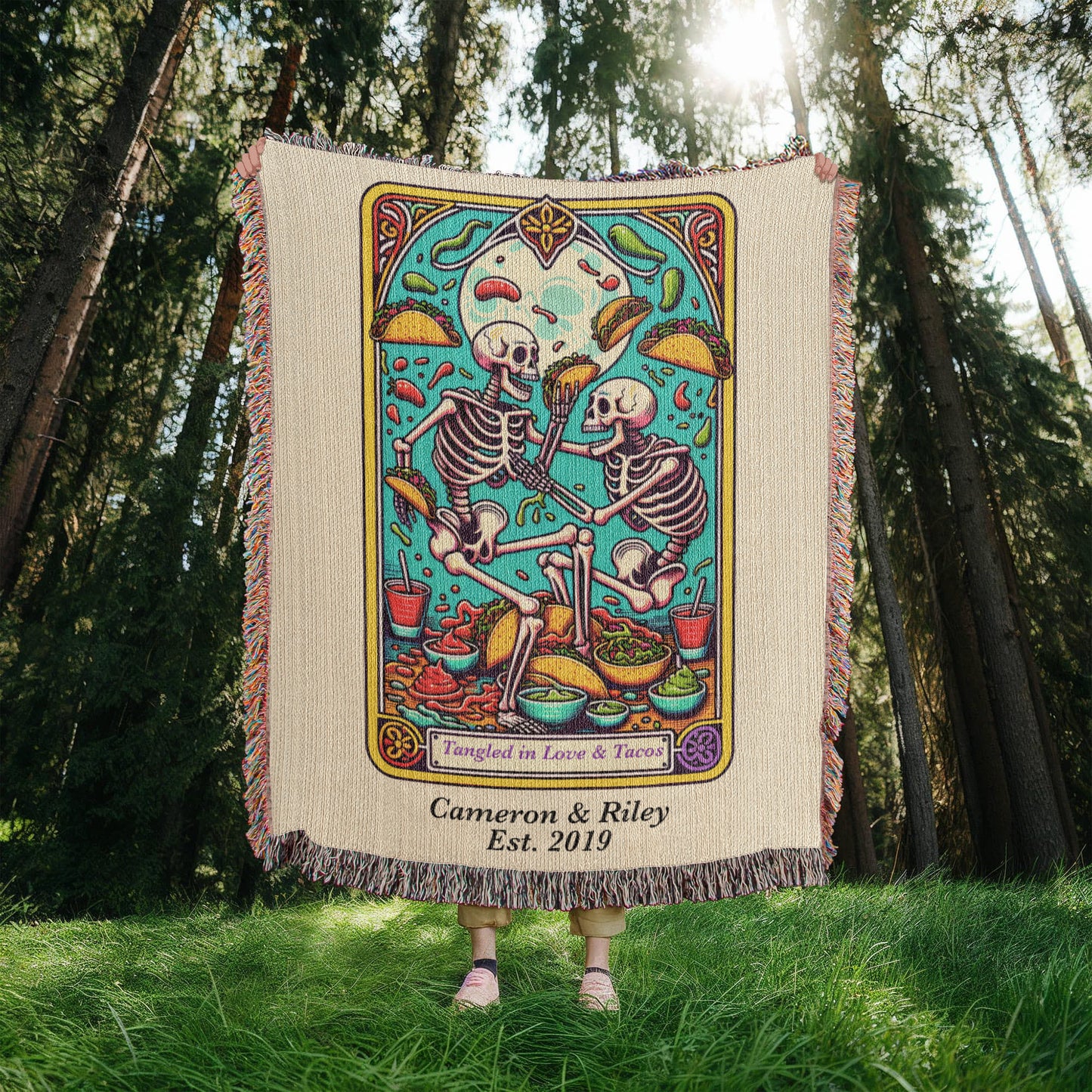 Personalized Love and Tacos Tarot Card Woven Blanket Custom Couple Gift Throw