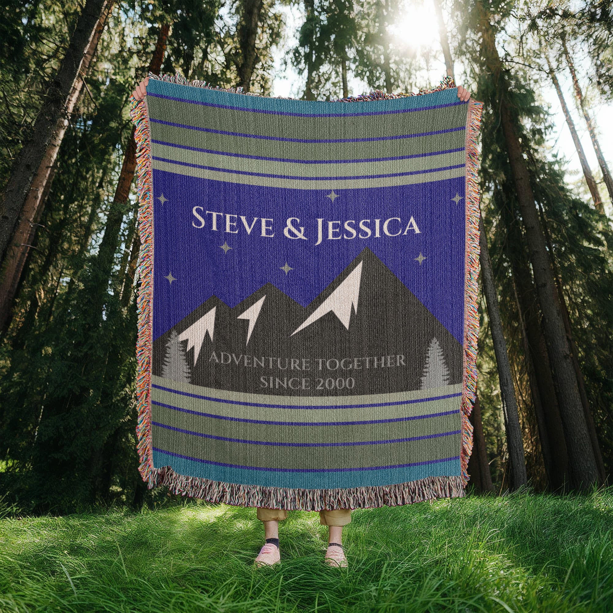 Personalized Mountain Adventure Woven Blanket – Custom Couples Camping Gift, Fleece/Sherpa Throw