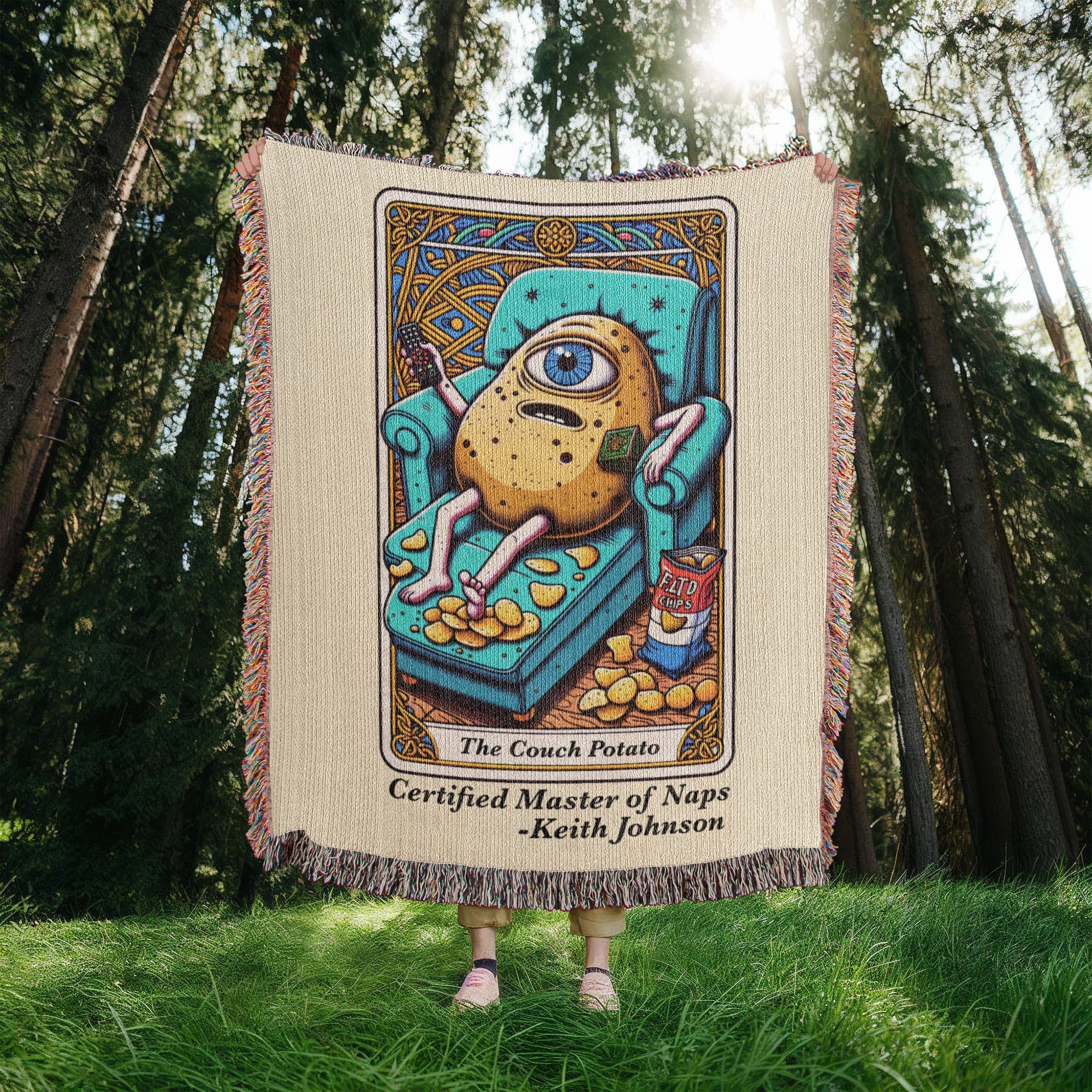 Personalized Couch Potato Tarot Card Woven Blanket – Custom Lazy Day Gift, Fleece/Sherpa Throw