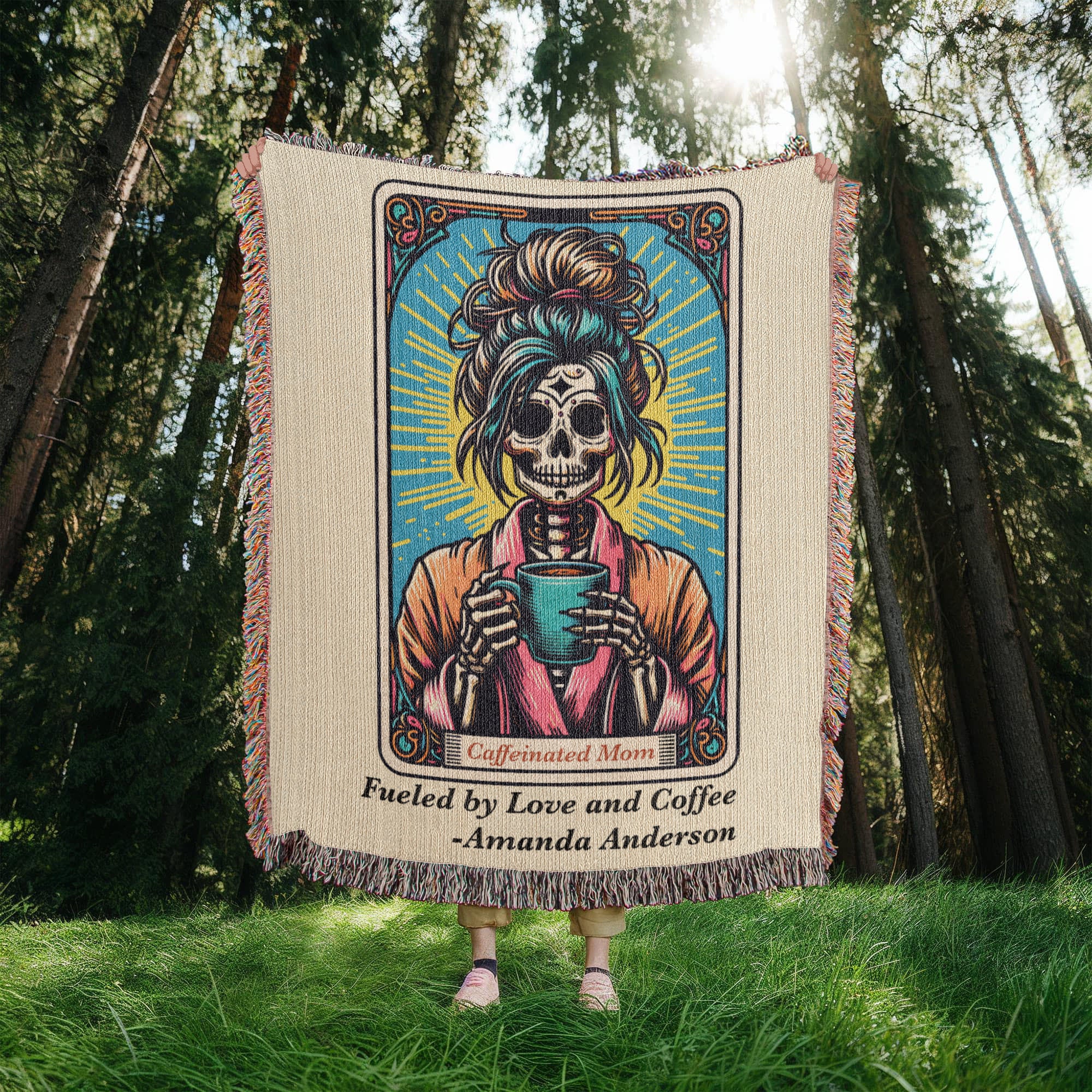 Personalized Caffeinated Mom Tarot Card Woven Blanket – Custom Skeleton Gift, Fleece/Sherpa Throw