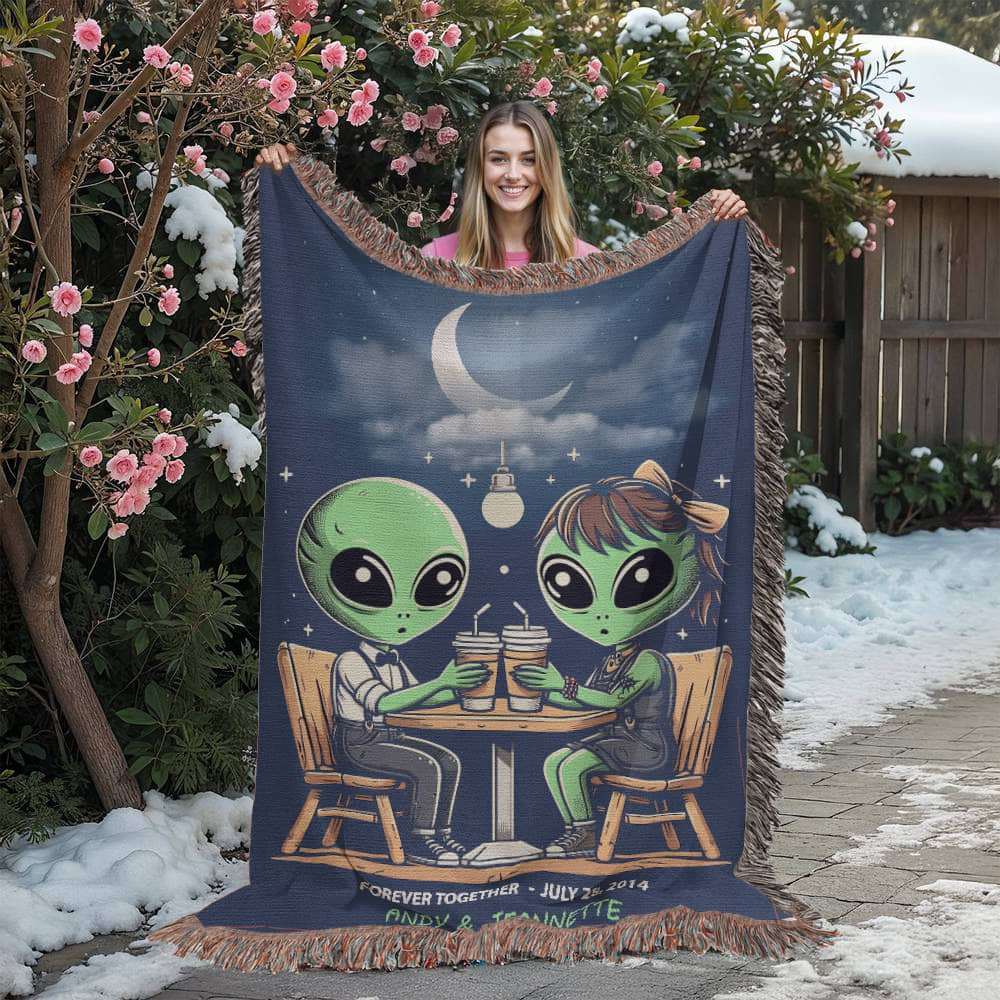 Personalized Alien Couple Coffee Shop Woven Blanket Custom Romantic Gift Throw