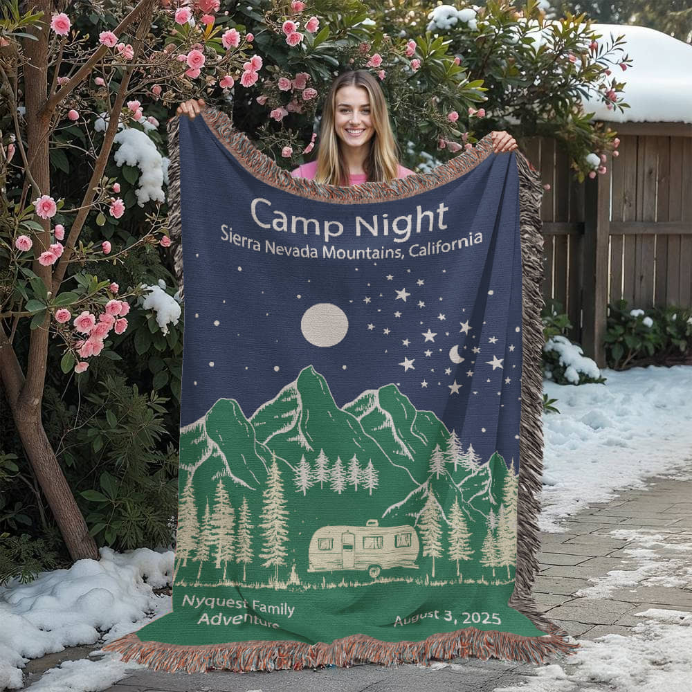 Personalized Camper Night Woven Blanket – Custom RV Adventure Gift, Fleece/Sherpa Throw