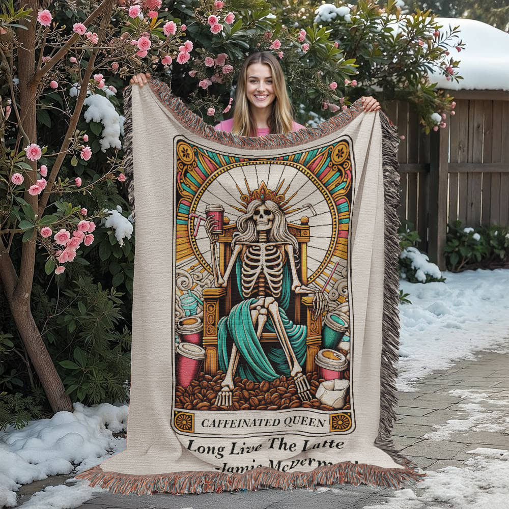 Personalized Caffeinated Queen Tarot Card Woven Blanket – Custom Gift, Fleece/Sherpa Throw
