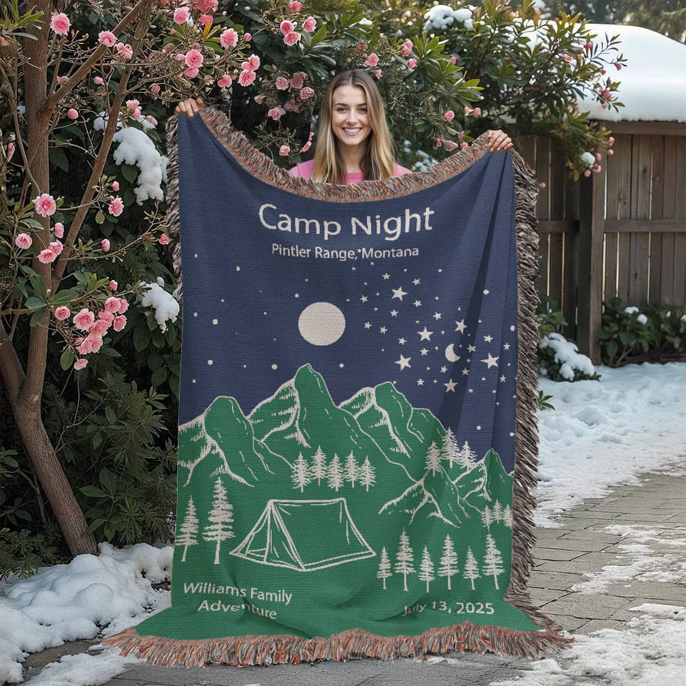 Personalized Camp Night Woven Blanket – Custom Tent Camping Gift, Fleece/Sherpa Throw