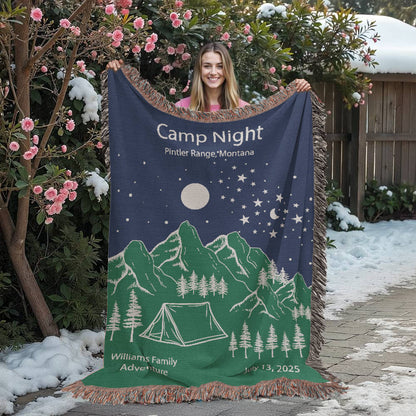 Personalized Camp Night Woven Blanket Custom Tent Camping Gift Throw