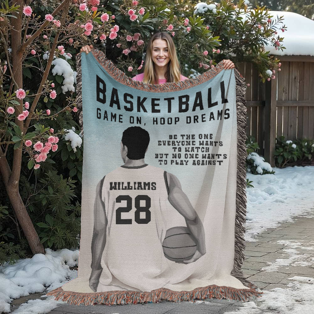 Personalized Basketball Woven Blanket – Boys Basketball Gift, Custom Fleece/Sherpa Throw