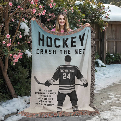 Personalized Hockey Woven Blanket Boys Hockey Gift Custom Throw