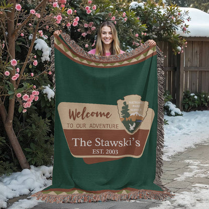 Personalized National Park Camping Woven Blanket Custom Family Adventure Throw