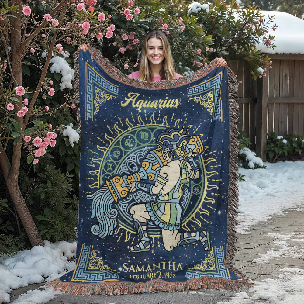 Personalized Aquarius Zodiac Woven Blanket – Astrology Gift, Custom Fleece/Sherpa Throw