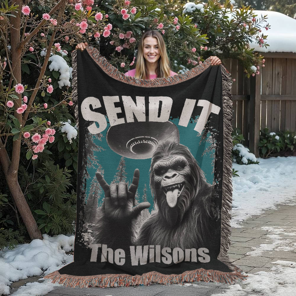 Personalized Bigfoot “Send It” Woven Blanket Custom Funny Gift Throw