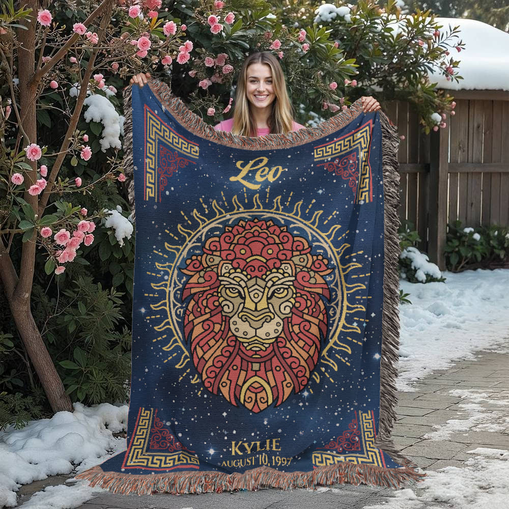 Personalized Leo Zodiac Woven Blanket – Astrology Gift, Custom Fleece/Sherpa Throw