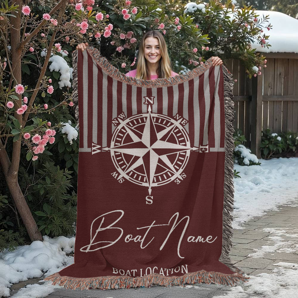 Personalized Nautical Compass Woven Blanket Custom Boat Name and Location Throw