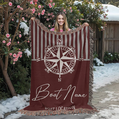 Personalized Nautical Compass Woven Blanket Custom Boat Name and Location Throw