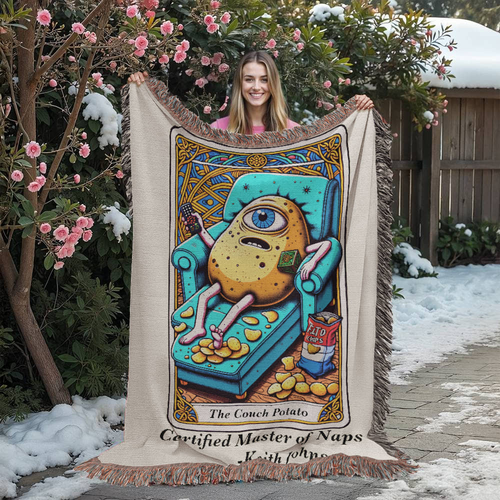 Personalized Couch Potato Tarot Card Woven Blanket – Custom Lazy Day Gift, Fleece/Sherpa Throw