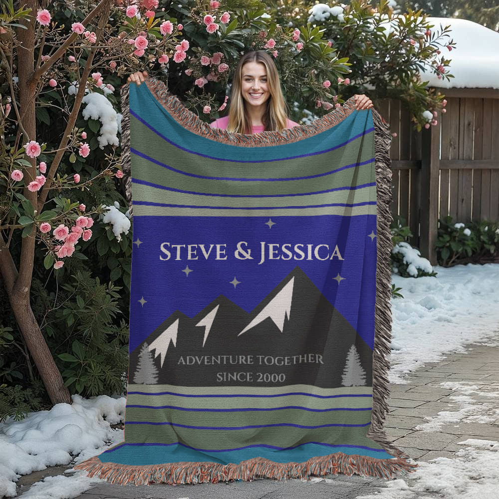 Personalized Mountain Adventure Woven Blanket – Custom Couples Camping Gift, Fleece/Sherpa Throw