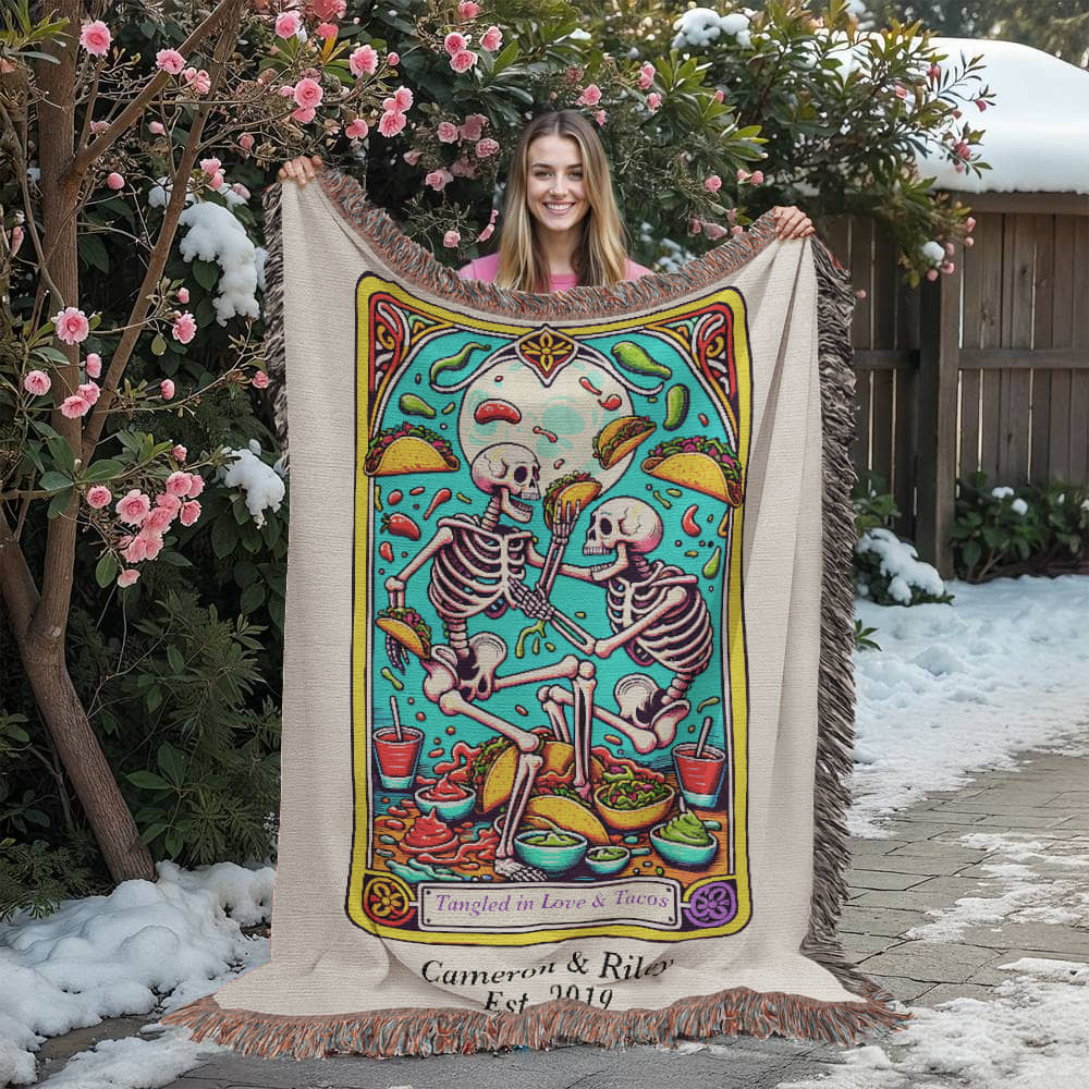 Personalized Love and Tacos Tarot Card Woven Blanket – Custom Couple Gift, Fleece/Sherpa Throw