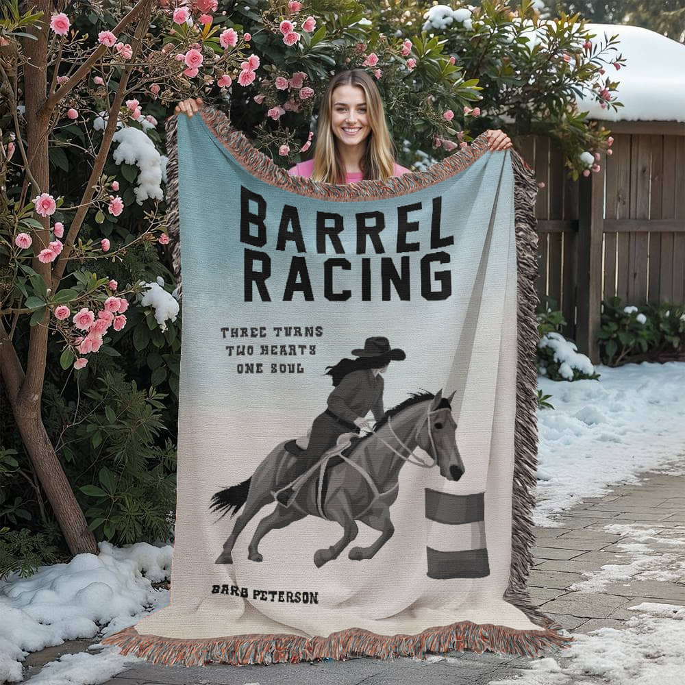 Personalized Barrel Racing Woven Blanket – Cowgirl Gift, Custom Fleece/Sherpa Throw
