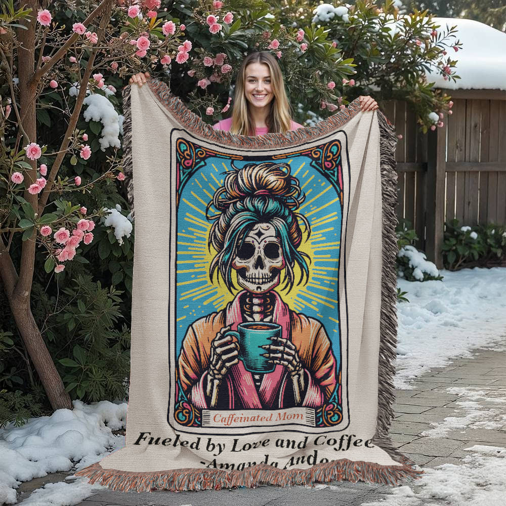 Personalized Caffeinated Mom Tarot Card Woven Blanket – Custom Skeleton Gift, Fleece/Sherpa Throw