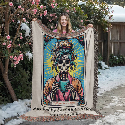 Personalized Caffeinated Mom Tarot Card Woven Blanket Custom Skeleton Gift Throw
