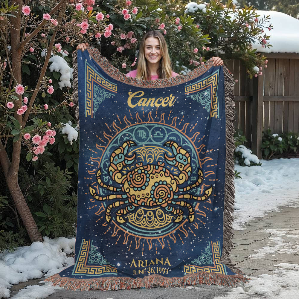 Personalized Cancer Zodiac Woven Blanket – Astrology Gift, Custom Fleece/Sherpa Throw