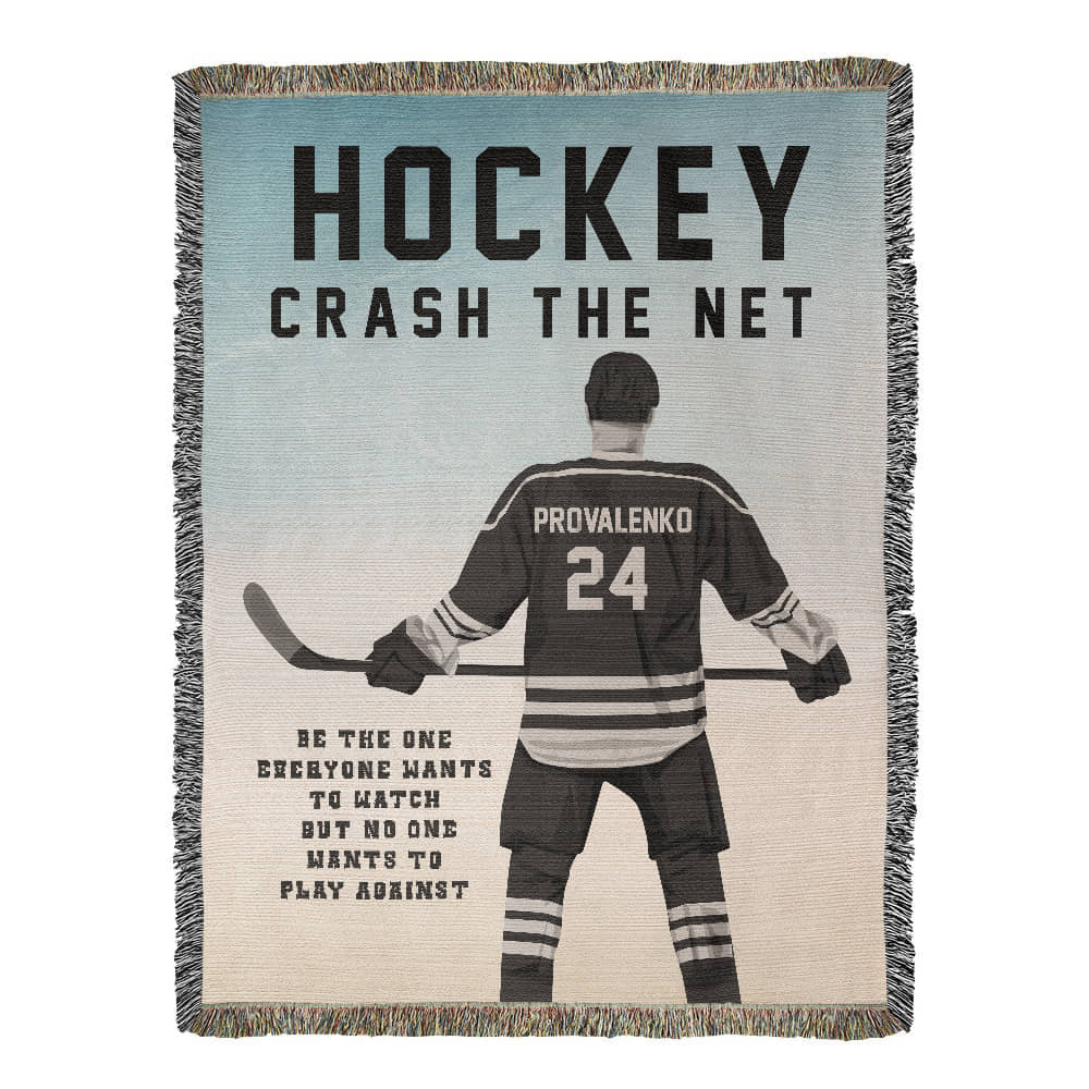Personalized Hockey Woven Blanket – Boys Hockey Gift, Custom Fleece/Sherpa Throw