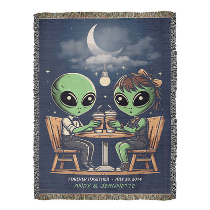 Personalized Alien Couple Coffee Shop Woven Blanket Custom Romantic Gift Throw