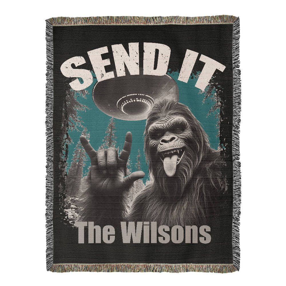 Personalized Bigfoot “Send It” Woven Blanket Custom Funny Gift Throw