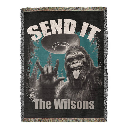 Personalized Bigfoot “Send It” Woven Blanket Custom Funny Gift Throw